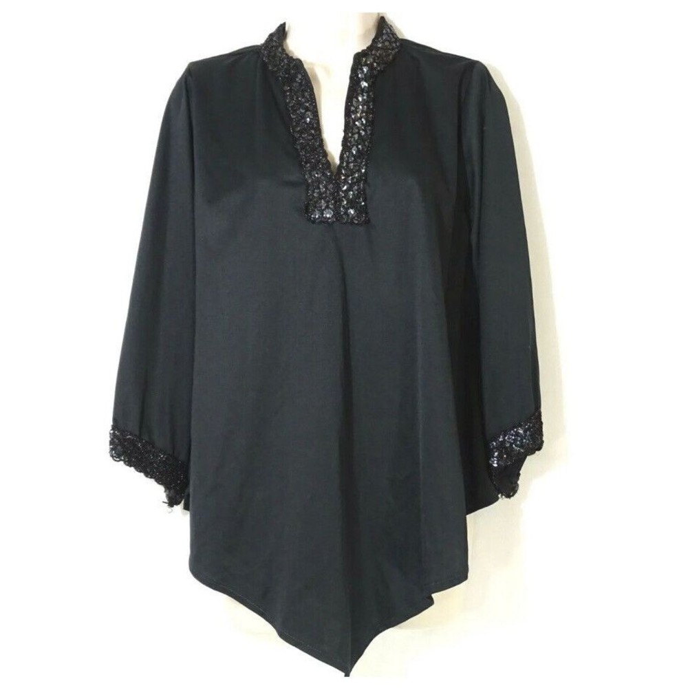 Vintage Teddi of California Top Sequin Trim Women Size 1X Black Long Sleeve